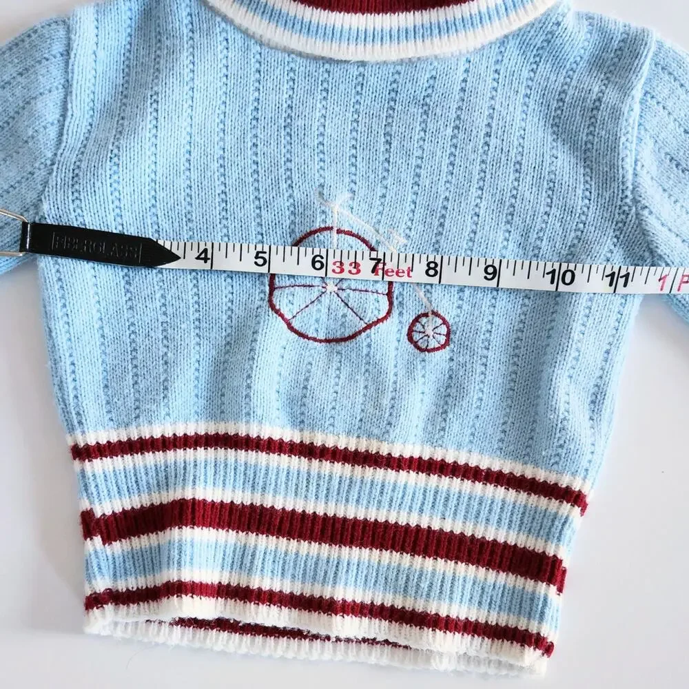 Vintage 1960s Doe Spun Toddler Sweater Blue w/ Penny Farthing Embroidery Size 2T